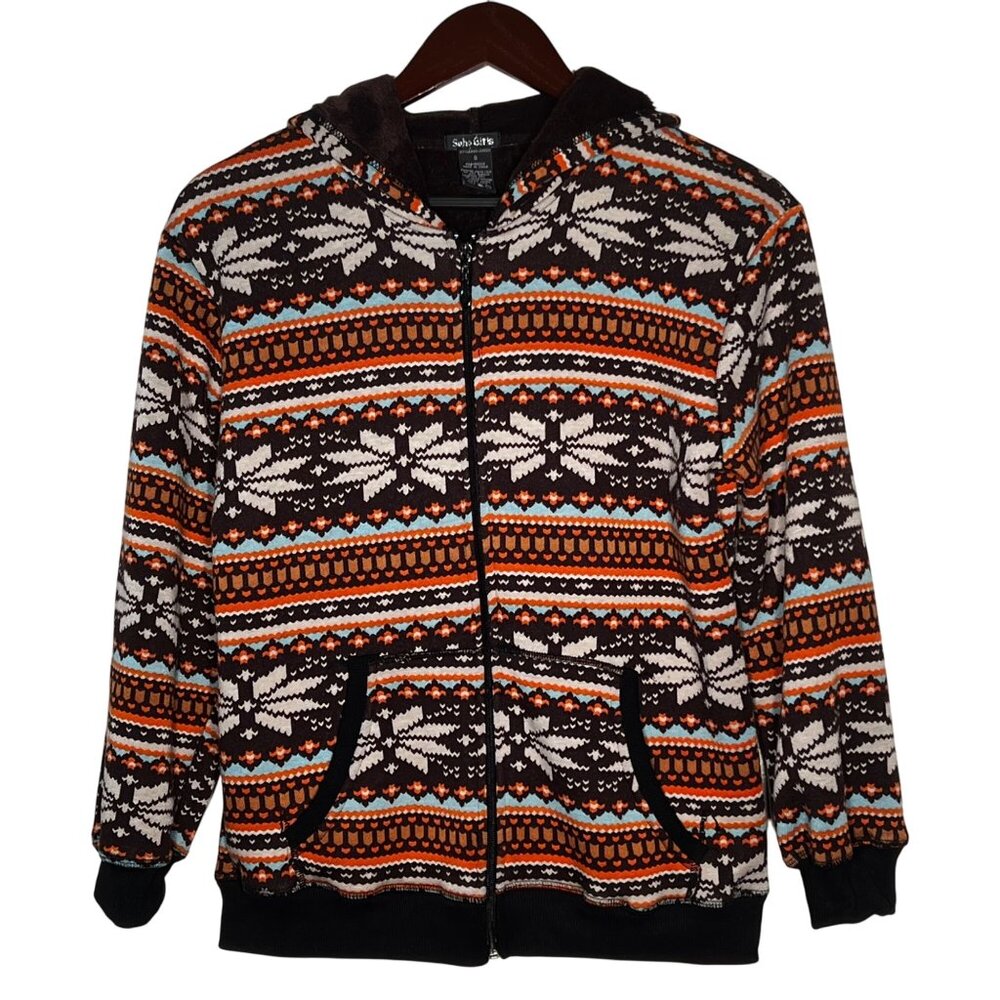 Soho Girls Hooded Full-Zip Fleece Jacket  Small Colorful Snowflake Pattern Warm